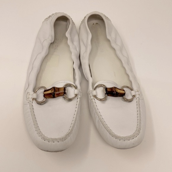 Gucci White Leather Bamboo Horsebit Loafers Size 37.5 - Picture 3 of 11